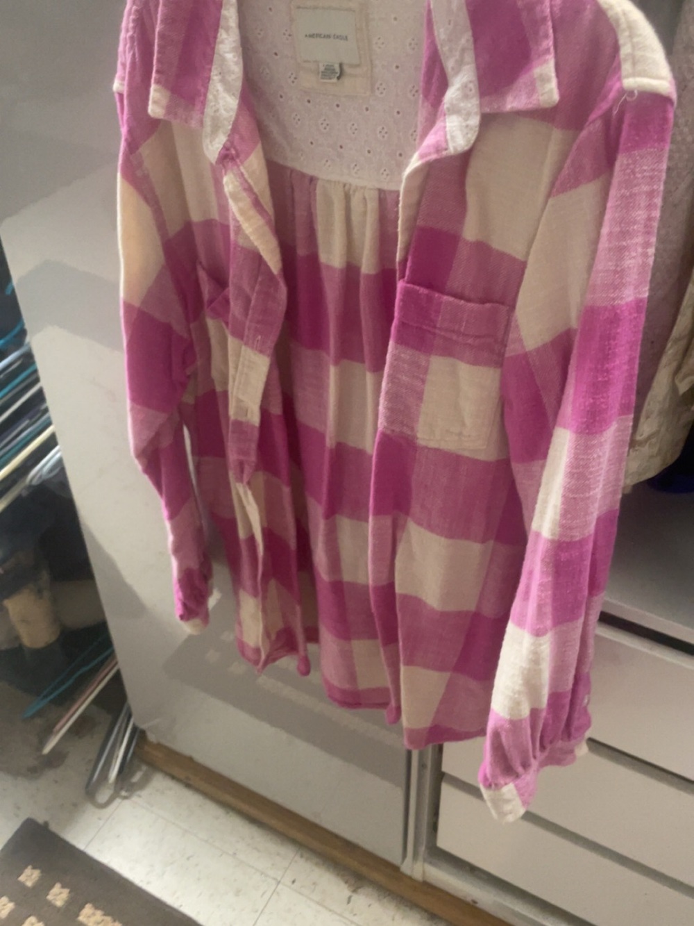 American Eagle Outfitters Pink & Cream Plaid Button-Down Shirt